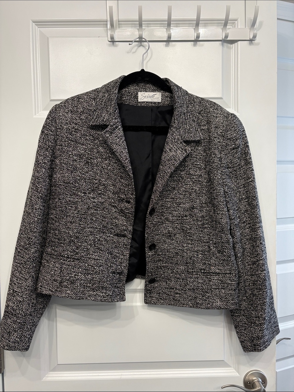 Soiree Women's Black & White Handwoven Silk Tweed Cropped Blazer